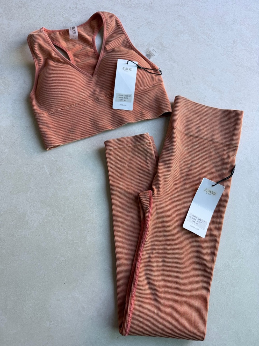 ANWND Ribbed V-Neck Sports Bra & Legging Set - Clay Orange